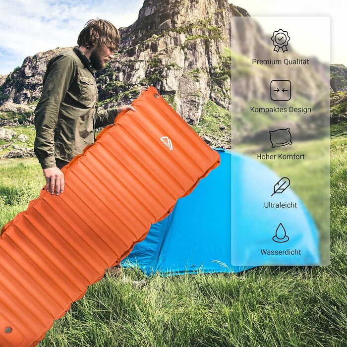 MSPORTS Килимок для кемпінгу Premium, Ultraleichte Isomatte для відпочинку на природі з насосом, вологостійкий для піших прогулянок, трекінгу та кемпінгу (Помаранчевий)