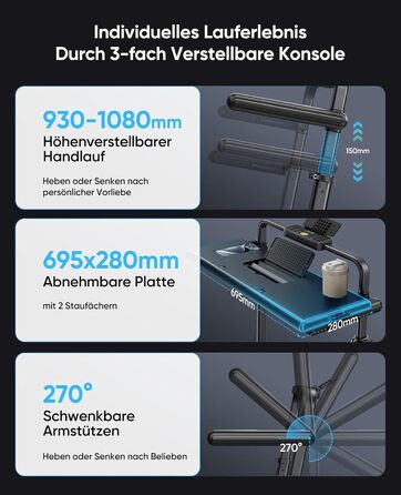 Складне бігове полотно 6-в-1 для дому, складане з регульованим столом, потужність 3.0HP, нахил до 12%, швидкість 12 км/год, Walking Pad з телескопічним підйомником 15 см та RGB-підсвіткою, максимальне навантаження 150 кг, чорно-блакитний колір