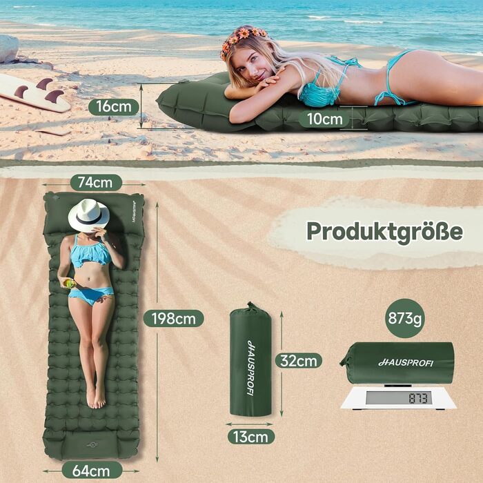 Килимок туристичний самонадувний HAUSPROFI, Ultraleicht, для кемпінгу, з помпою та подушкою, армійний камуфляж