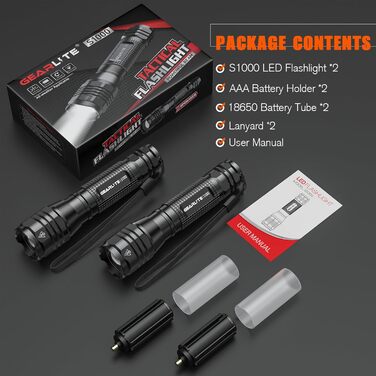 LED ліхтарик GEARLITE 4000 Lumen, 2 шт., водонепроникний, з зумом, для кемпінгу, туризму, екстрених ситуацій