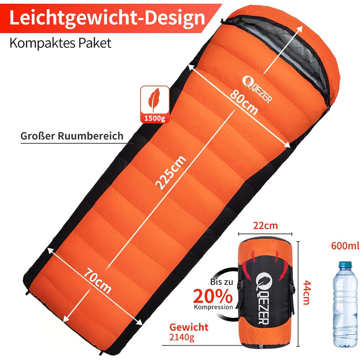 Сплячий мішок пуховий, зимовий, 600FP+, 12°C до -24°C, легкий та теплий, для 3-4 сезонів, кемпінг, трекінг, походи, оранжевий