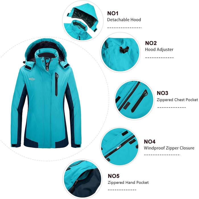 Жіноча зимова куртка Wantdo для катання на лижах, сноуборді, туризму. Тепла флісова куртка з капюшоном, вітрозахисна, з підкладкою, колір: блакитний