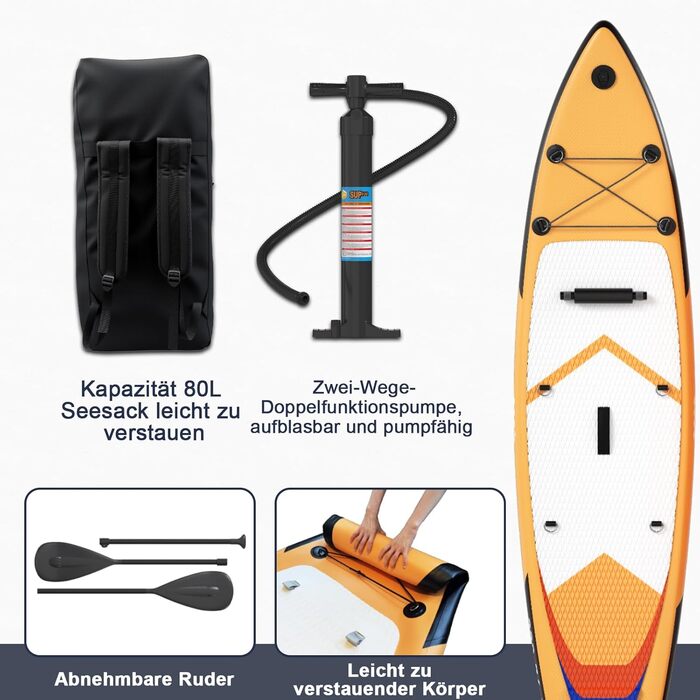Надувний SUP Борд JUMMICO 330x76x15 см, 2-в-1 з сидінням для каяка та аксесуарами, до 160 кг, для серфінгу, риболовлі, йоги, помаранчевий