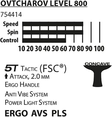 Настільний тенісний ракетка Donic-Schildkröt Ovtcharov 800 FSC, AVS, PLS, ергономічна ручка, 2,0 мм губка, FSC дерево, ITTF покриття, універсальний розмір