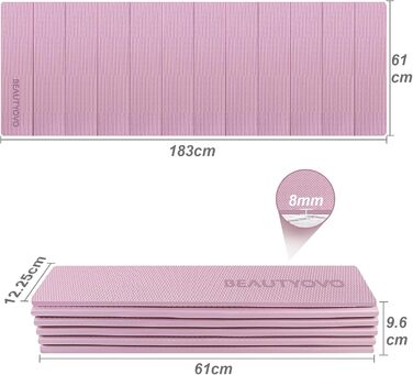 Йога мат BEAUTYOVO, товста 8 мм, 183 x 61 см, нековзна, для занять вдома та на вулиці, рожева