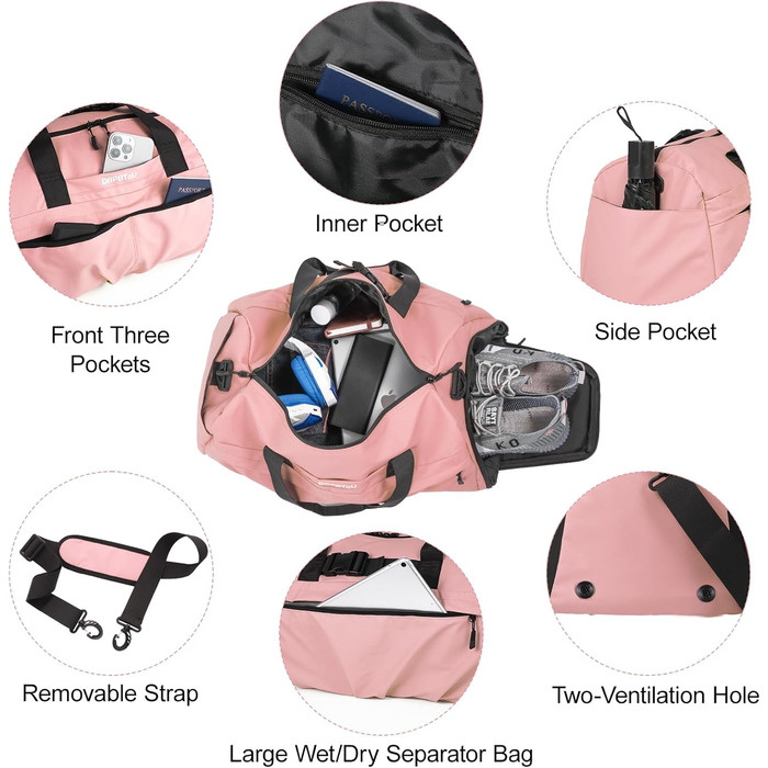 Спортивна сумка для жінок та чоловіків, жорсткий матеріал, дорожня сумка з відділенням для взуття, 2 вентиляційних отвори та мокре відділення, водонепроникна сумка-вікендер, спортивна/плавальна/сауна сумка (Зелений) (Рожевий)