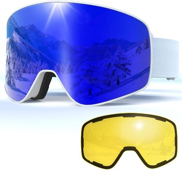 Скі-маска VCOROS з змінним склом, унісекс, захист від UV, проти запотівання, регульований ремінь, сноуборд маска 02-срібло/білий + лінза (VLT13 %) (05-REVO синій/білий + лінза (VLT19 %))