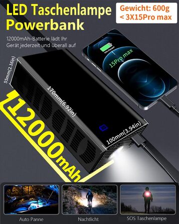 Електричний міні-компресор yanace 12000mAh, 150 PSI, портативний акумуляторний насос для авто, велосипедів і мотоциклів з манометром, ліхтариком та USB-C