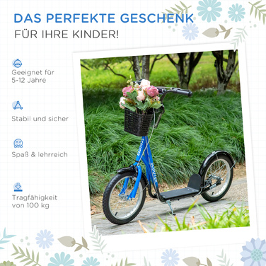 HOMCOM Дитячий скутер Скутер Kick Scooter з регулюванням висоти гальмівного кошика для 5-12 дитячих самокатів Kickboard Алюмінієвий сплав Гума Синій+Чорний | Аосом