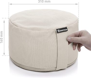Подушка для йоги та медитації BODYMATE кругла 31 см, бежева - з гречаним лушпинням, бавовняний чохол, 16 см