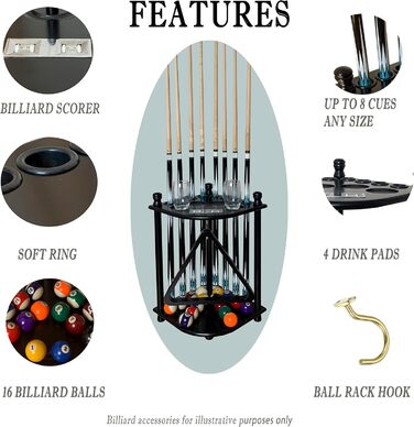 Підставка для київ для більярду на підлозі для 8 київ та аксесуарів, дерев'яна, кутова, з гачками та табло (чорний торс)