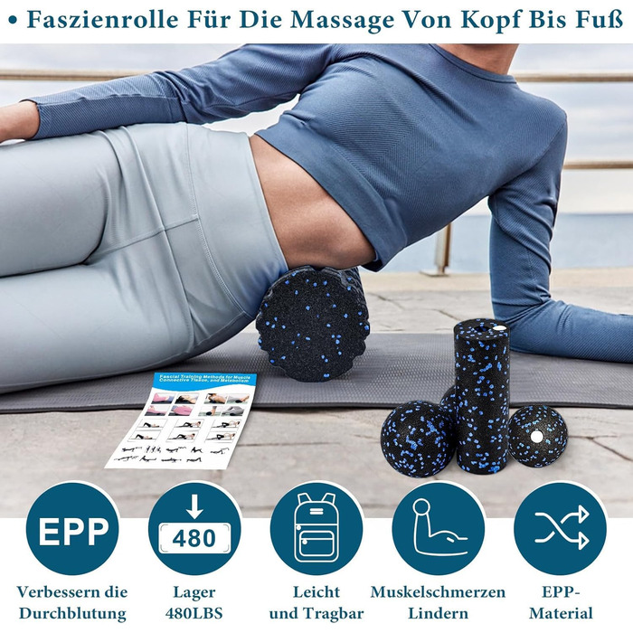 Набір масажних роликів для м'язів та фасцій (Foam Roller Set): великий ролик, міні-ролик та дуо-бол для йоги та відновлення, синій
