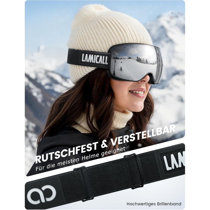 Ламікал - скі-маска для чоловіків та жінок, сноуборд маска з OTG - [Ultra HD, широке поле зору] - високоякісна скі маска з захистом від запотівання, для людей у окулярах, дзеркальна сноуборд маска, скі маска UV400 з захистом від відблисків - чорний каркас
