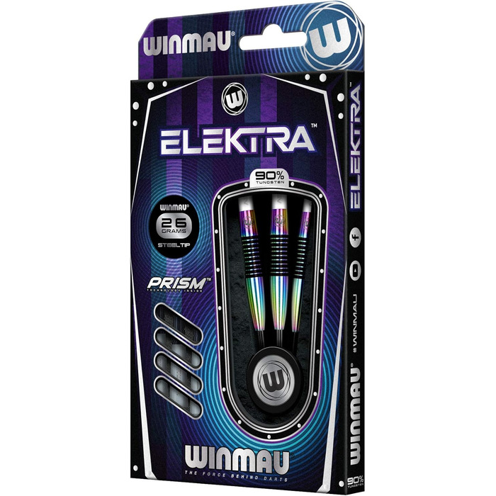 Дротики для дартсу WINMAU Elektra 90% вольфраму, Urban Grip, призматичні флайти, Vecta штифти, 22-26 г, торпедоподібний профіль