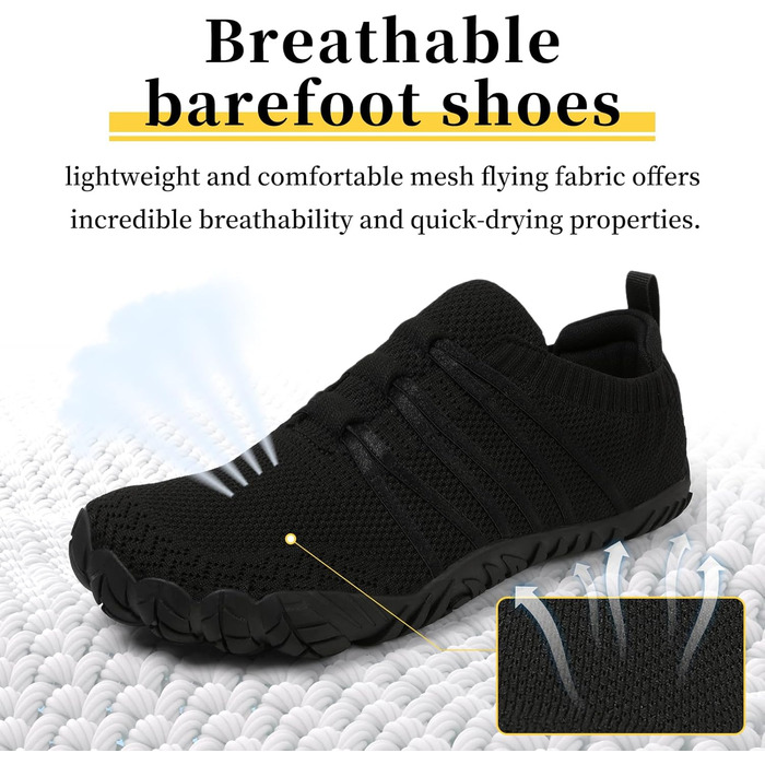 Босими кросівки для жінок та чоловіків, широкі, для бігу та трейлраннінгу, Zero-Drop, з відділенням для пальців, легкі, дихаючі, фітнес, комфортні, антиковзкі, для бігу по дорогах, унісекс, 36-46 EU (36 EU, Чорний)