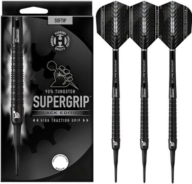 Дартс набір Harrows SUPERGRIP Black Edition 90% вольфрам, м'яка наконечник, 16 г, з Supergrip шaftами та оперенням