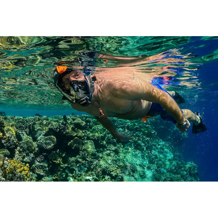 Маска для снорклінгу OCEAN REEF Aria QR + Мундштук - Повнолицева маска для підводного плавання 180° (Medium/Large, Чорна)