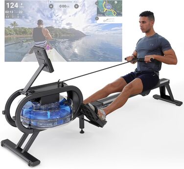 Гребний тренажер Dripex з резервуаром для води 20 л, LCD-дисплеєм та монітором ритму. Макс. вага користувача: 120 кг.