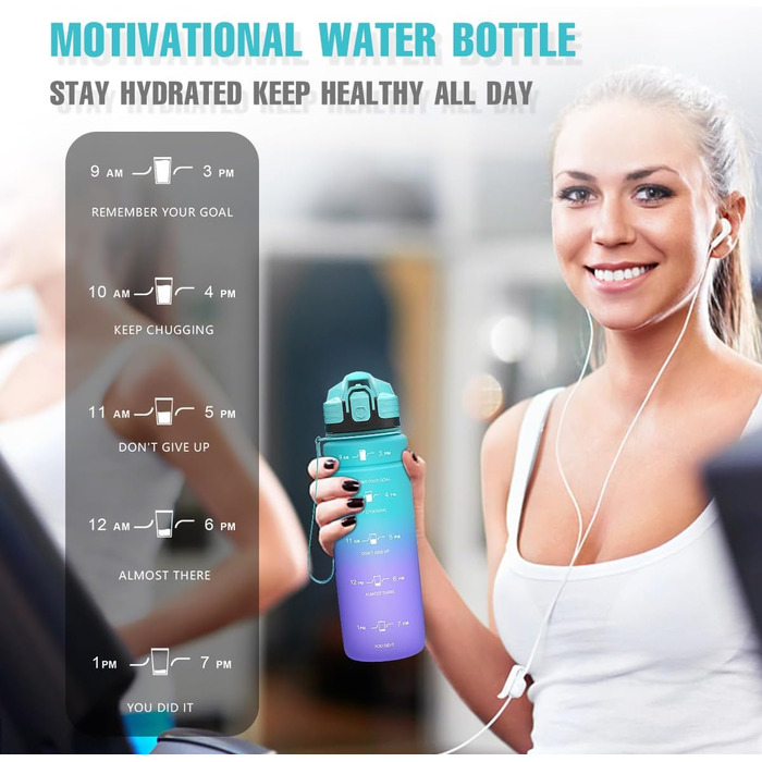 Спортивна пляшка для води 1л/500мл/700мл/1500мл Tritan, BPA-free, з маркуванням часу - для фітнесу, велосипеда, йоги, школи, тренажерного залу. Кольори: темно-зелений, темно-синій, синьо-фіолетовий (1000 мл, синій)