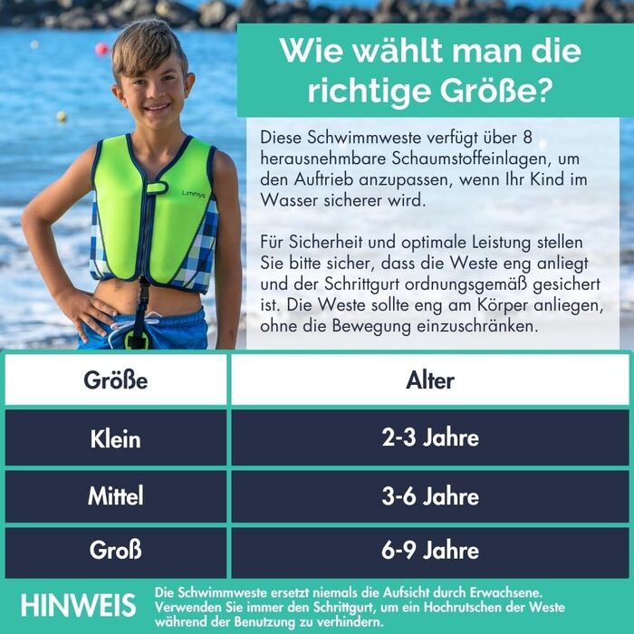 Навчальний плавальний жилет для дітей Liys Schwiweste – безпечний та зручний, CE-сертифікат, перевірений у тесті, з м'яким неопреновим коміром, з сумкою для перенесення (L, неоновий зелений)