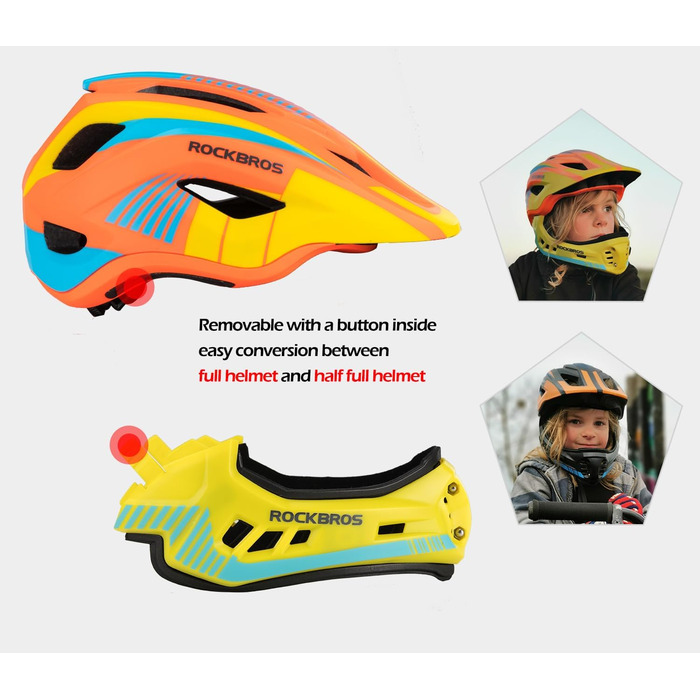 Шолом ROCKBROS дитячий інтегрований велосипедний, Fullface знімний захист підборіддя, BMX, MTB, Downhill, помаранчевий, розмір M