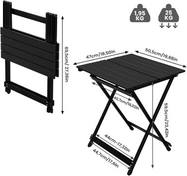 Складаний столик Woltu з алюмінію для дачі, балкону та саду, 50.5x47x59.5 см, чорний