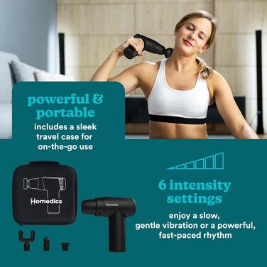 Масажний пістолет Homedics NOVO Mini, електричний, 4 насадки, 6 рівнів інтенсивності, для розслаблення м'язів, чорний