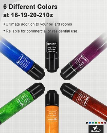 Набір київ для більярду CUEBAR 6 шт., киї 45,7 см, 50,8 см, 595,3 г. Киї для більярду з 3D-рукояткою, 147,3 см для чоловіків та жінок. Кольори: фіолетовий, червоний, зелений, блакитно-зелений, синій, чорний