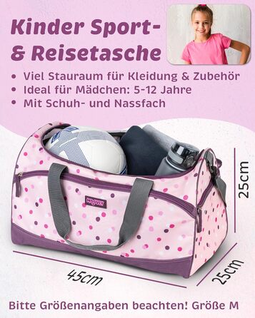 Дитяча спортивна сумка Kinder Sporttasche 25 л для дівчаток - рожево-фіолетовий принт, з відділенням для взуття та мокрих речей, регульований плечовий ремінь