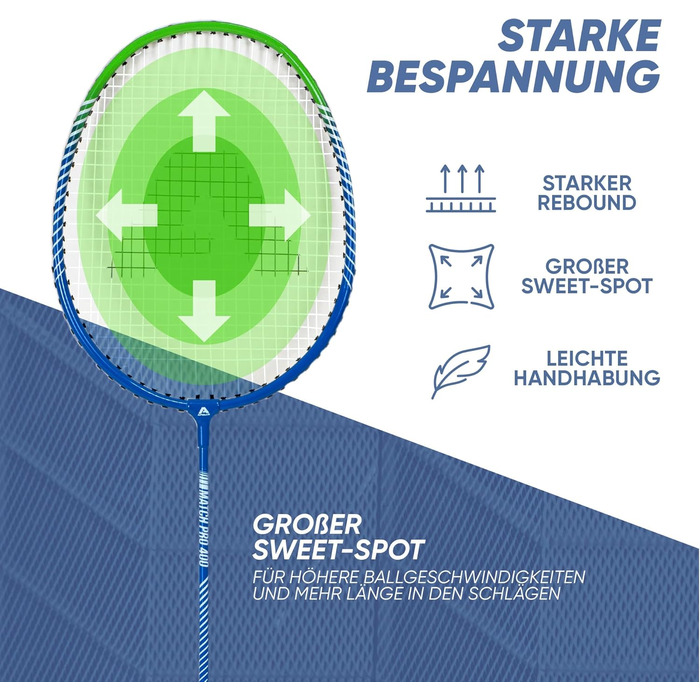 Набір для бадмінтона Apollo Match Pro 400: ракетки для дітей та дорослих, легкі алюмінієві ракетки, комплект з сумкою (синьо-зелений)