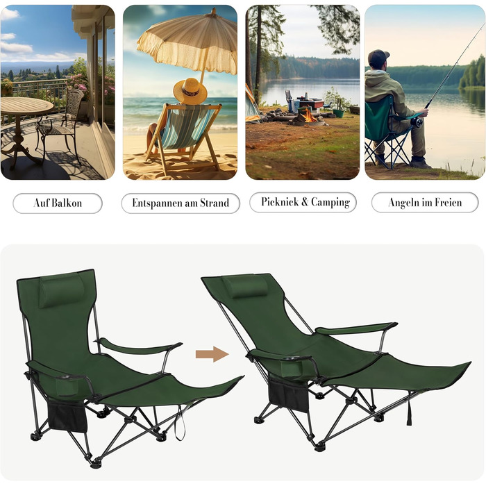 Крісло для кемпінгу Woltu, складне, для риболовлі, легке, з підніжкою та підлокітником, 150 кг, з сумкою, зелене