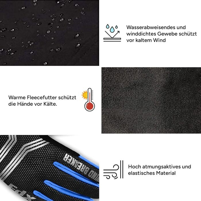 Зимові вело рукавички FDX з повним пальцем, дихаючі, водовідштовхувальні, вітронепроникні, з гелевою підкладкою, сумісні з сенсорними екранами, нековзкі, теплі – ідеальні для MTB, шосе, їзди на велосипеді та бігу. Чорний/Білий (Чорний/Синій, XL)