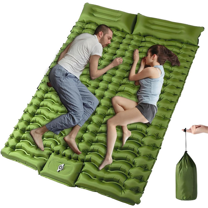 Саморозкладаний килимок для кемпінгу YuanDiann 200x140 см на 2 особи, армійний зелений, з помпою та подушкою