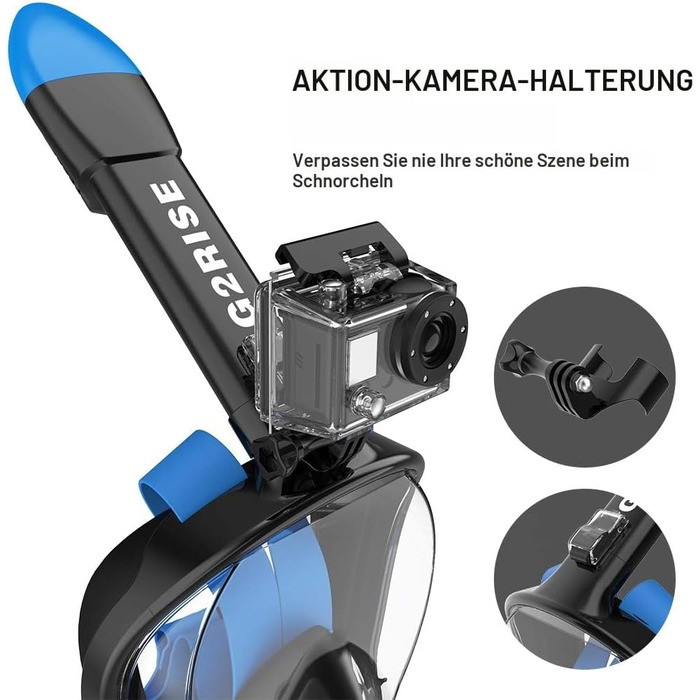 Маска для снорклінгу G2RISE® з трубкою, повна маска для дайвінгу, складана, CO2-безпечна, з кріпленням для камери, чорно-синя, для дітей та дорослих L-XL