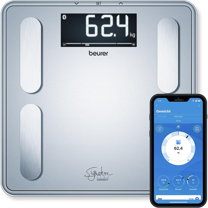 Ваги Beurer BF 405 з аналізом складу тіла: точні вимірювання для 8 користувачів, визначення жиру, великий дисплей з підсвіткою, до 200 кг, з підключенням до додатку
