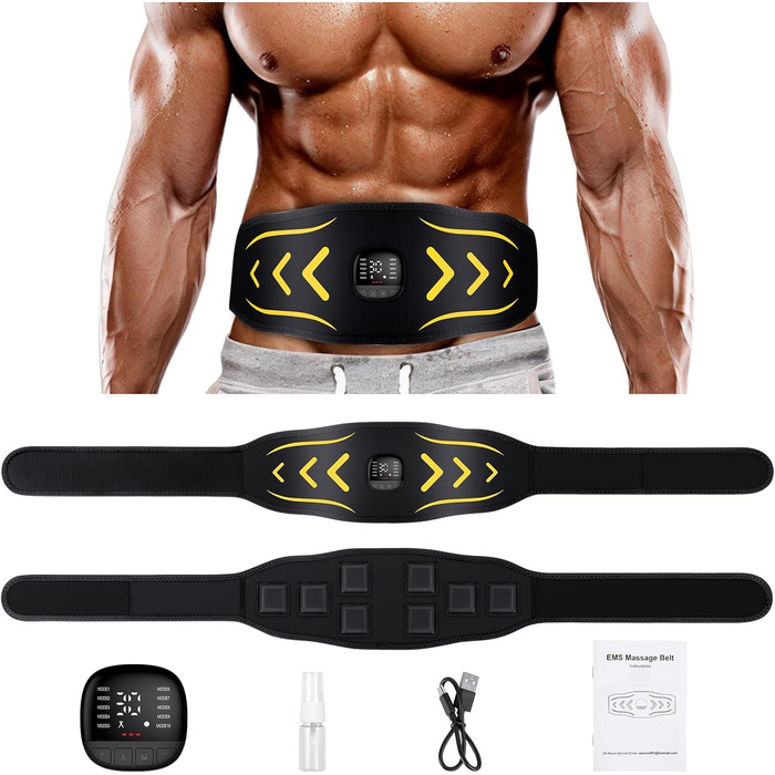 EMS тренажер для пресу, електричний, 10 режимів, 30 інтенсивностей, USB, портативний, жовтий
