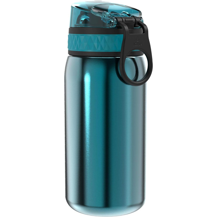 Дитяча пляшка для напоїв ion8, нержавіюча сталь, 400 мл, без ізоляції, не протікає, відкривається однією рукою, безпечне закриття, можна мити в посудомийній машині, з клапаном, ручка для перенесення, легко чиститься, класичний колір аква