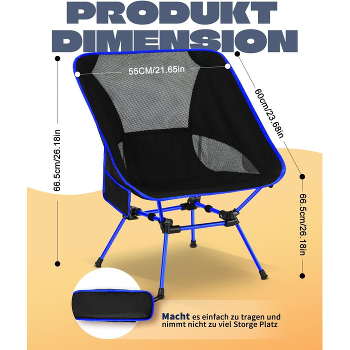 Складний туристичний стілець для кемпінгу з сіткою та кишенями, вантажопідйомність 150 кг, ультралегкий, для подорожей, пікніків, риболовлі (Оранжевий, Синьо-чорний)