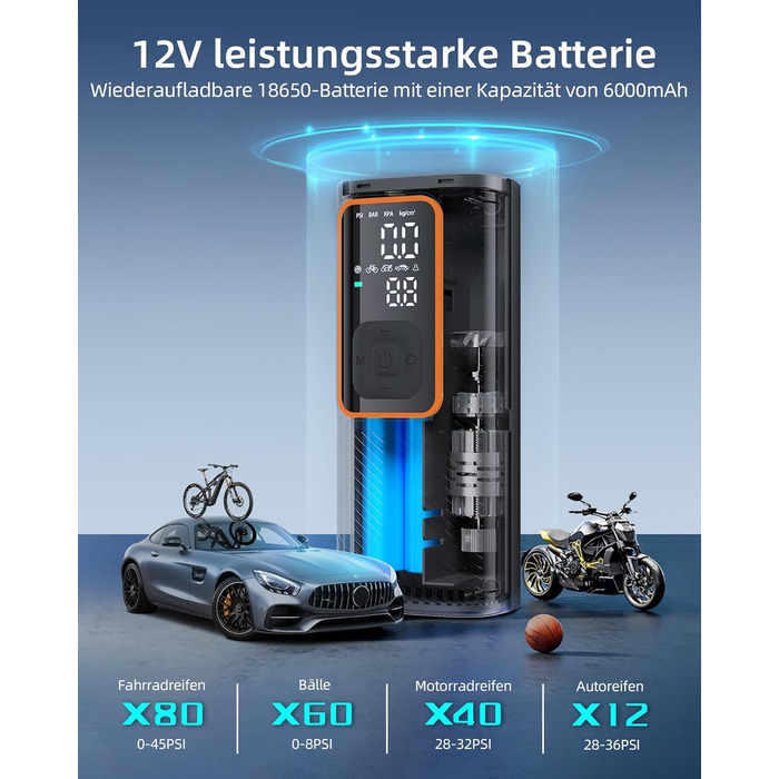 Електрична повітряна помпа 10.3 Bar з акумулятором, 6000mAh та 12V DC, для авто, мото, велосипеда, з LED-ліхтариком та автовимкненням (Оранжева, I7)