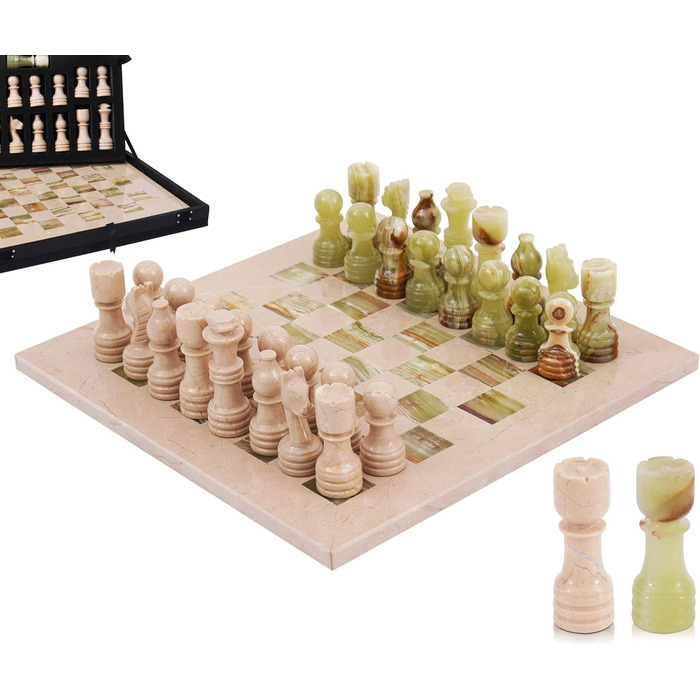 Шаховий набір з мармуру для дорослих, ручної роботи, 32 фігури, 2 додаткові королеви, коробка для зберігання, подарунок, декор (кораловий & темно-коричневий) (Verona & Green)