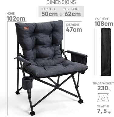 Складане кемпінгове крісло EVER ADVANCED, посилене (до 230 кг), ширина сидіння 62 см, м'яка підкладка, чорне