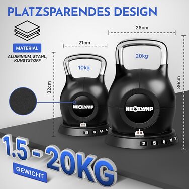 Набір гирь NEOLYMP 2-20 кг (7-в-1) регульовані для тренувань вдома - чавунні гирі з міцною нержавіючою ручкою для ефективних махів
