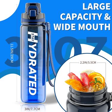 Спортивна пляшка для води 1л Tritan без BPA з маркуванням часу, 1000 мл, чорно-синя