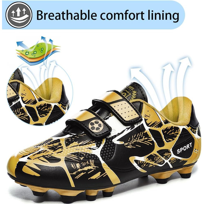 Дитячі футбольні бутси для хлопчиків та дівчаток, бутси для тренувань на штучному газоні, спортивне взуття, шипи, унісекс, 35 EU, чорний/золотий