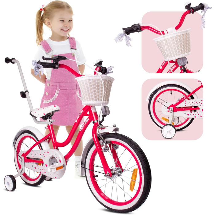 Дитяче велосипед Sun Baby Heart Bike 12/14/16 дюймів, знімний ручка-штовхач, для дівчаток 2-6 років (полуниця, 14 дюймів)