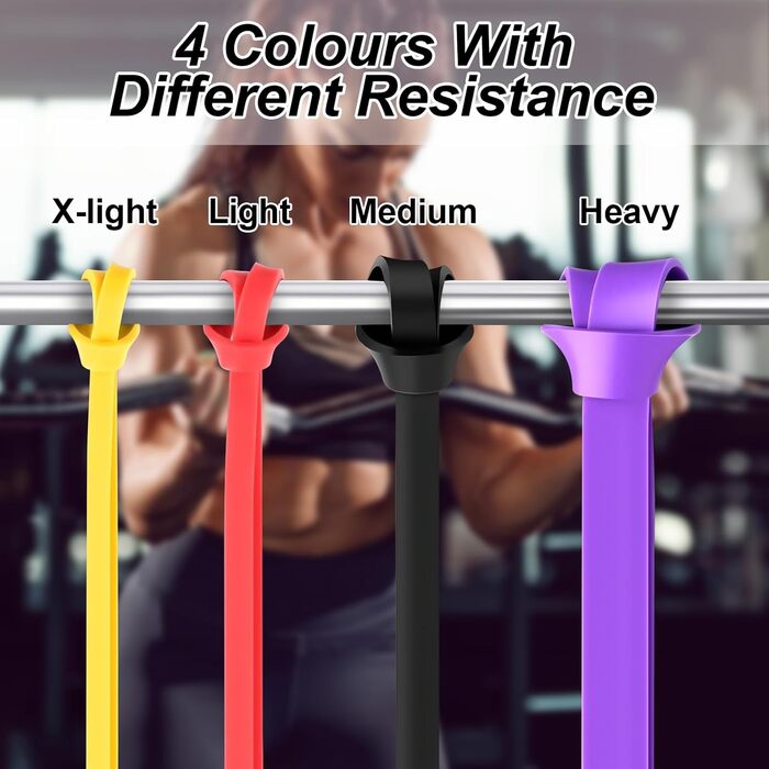 Фітнес гумки WuGU, набір з 4 рівнями опору, еластичні гумки для фітнесу, силових тренувань, йоги та пілатесу (фіолетовий, чорний, червоний, жовтий)