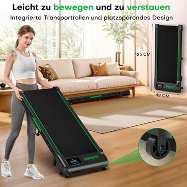 Walking Pad FOUSAE: Бігова доріжка для дому з регулюванням нахилу до 9%, LED-дисплеєм, пультом керування та мобільним додатком, 12 програм, до 150 кг, чорно-зелений