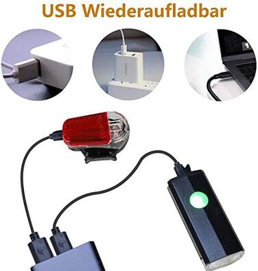 Набір переднього та заднього велоліхтаря, USB-зарядка, сертифікат StVZO, 2 режими освітлення, водонепроникність IPX4, для дітей та дорослих, чорний