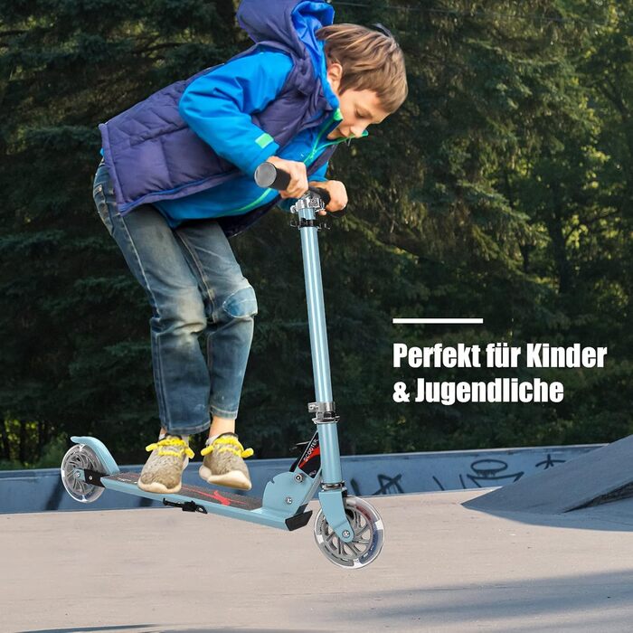 Дитячий ролер COSTWAY з LED-колесами, для дітей від 4 років, до 70 кг, регульована висота, блакитний