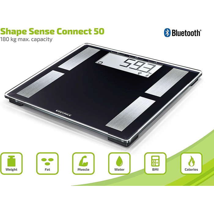 Смарт-вага Soehnle Shape Sense Connect 50 з Bluetooth, аналізатор складу тіла BIA, чорна, велике LCD, підключення до додатку